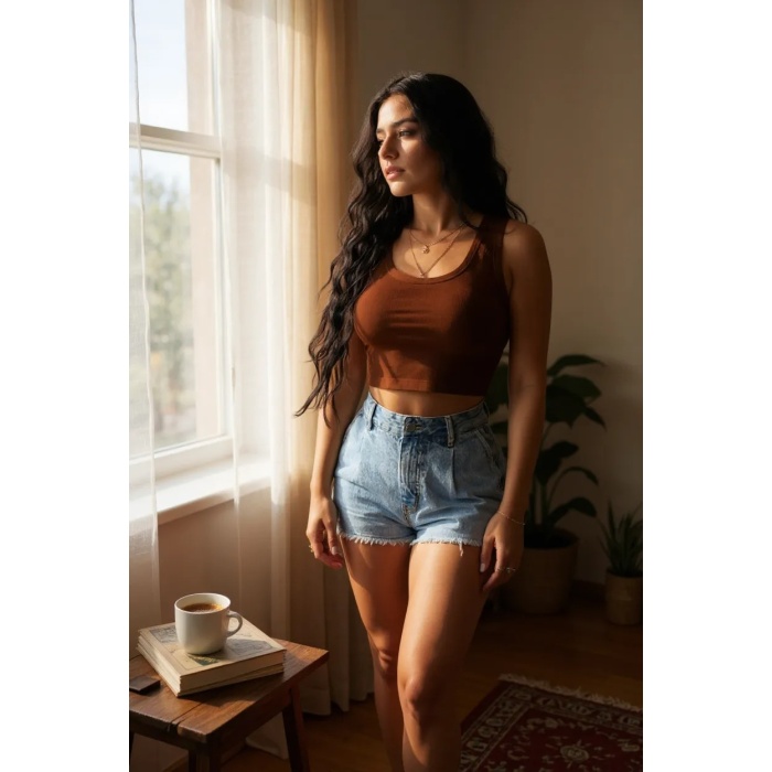 Kadın Kahverengi Kare Yaka Crop Top Bluz