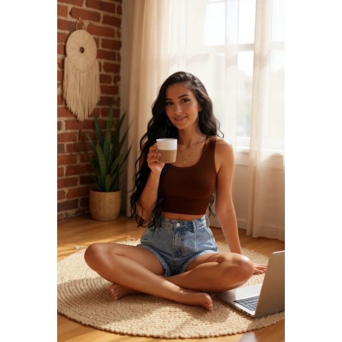 Kadın Kahverengi Kare Yaka Crop Top Bluz
