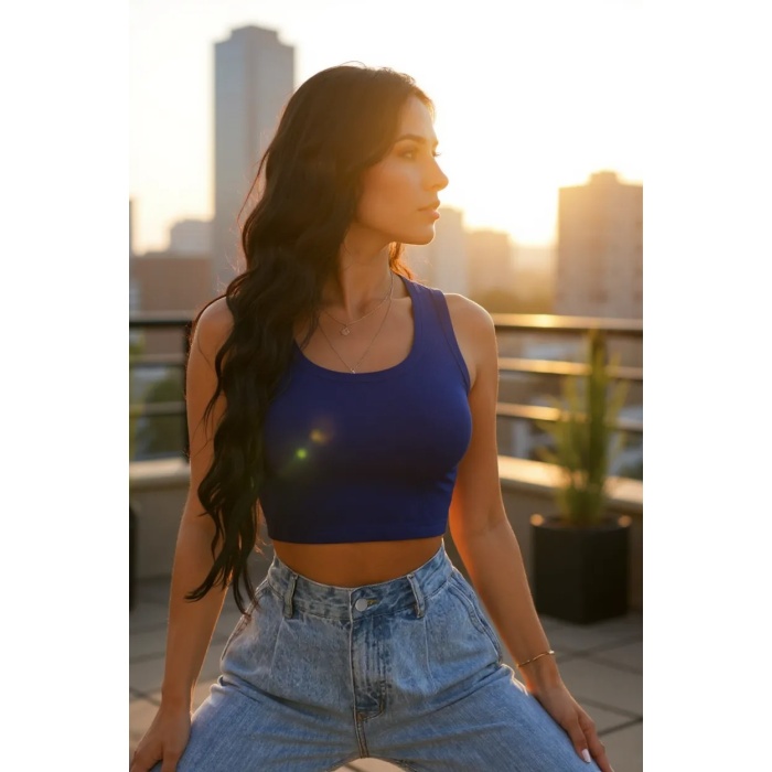 Kadın Lacivert Kare Yaka Crop Top Bluz