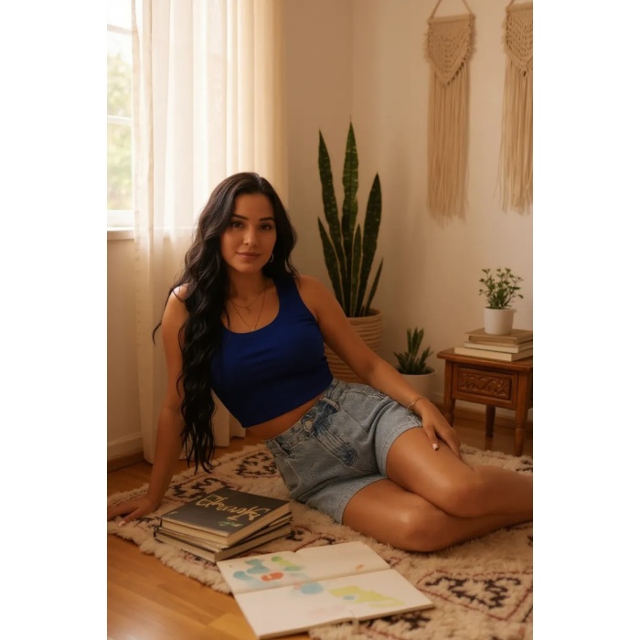Kadın Lacivert Kare Yaka Crop Top Bluz