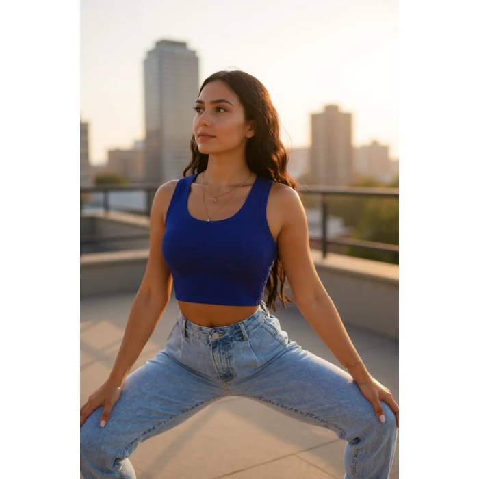Kadın Lacivert Kare Yaka Crop Top Bluz