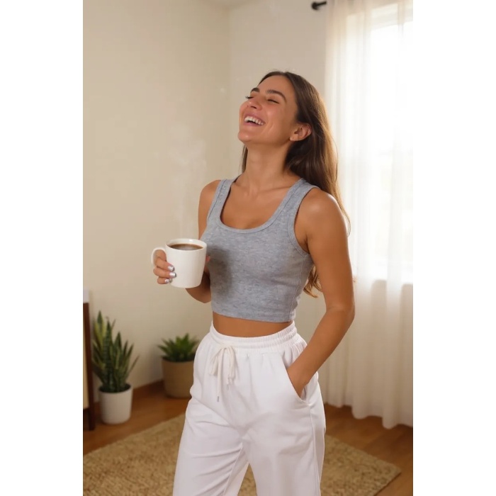 Kadın Gri Kare Yaka Crop Top Bluz