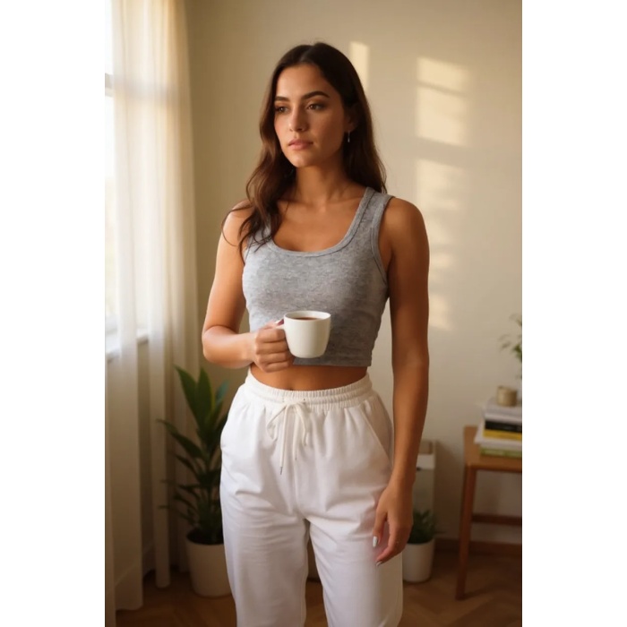 Kadın Gri Kare Yaka Crop Top Bluz