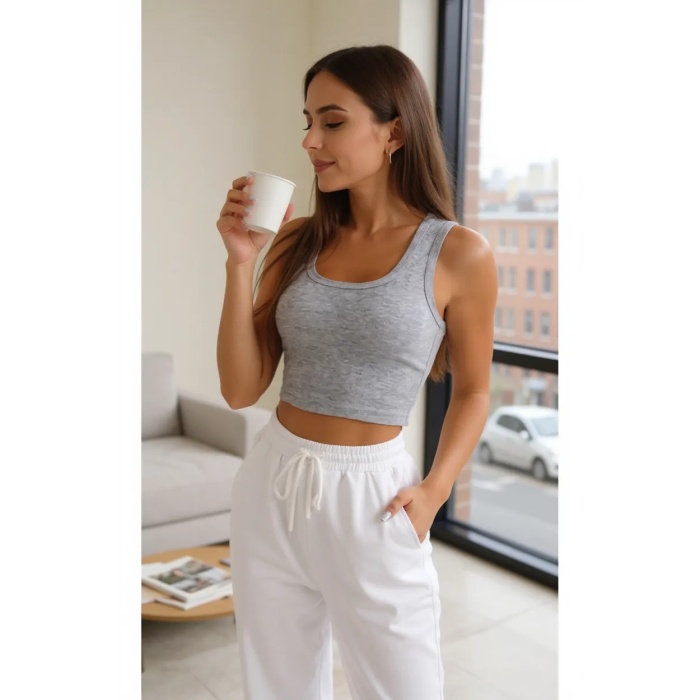 Kadın Gri Kare Yaka Crop Top Bluz