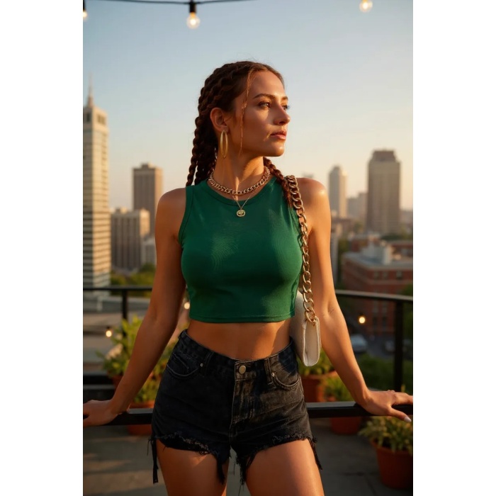 Kadın Yeşil Kare Yaka Crop Top Bluz