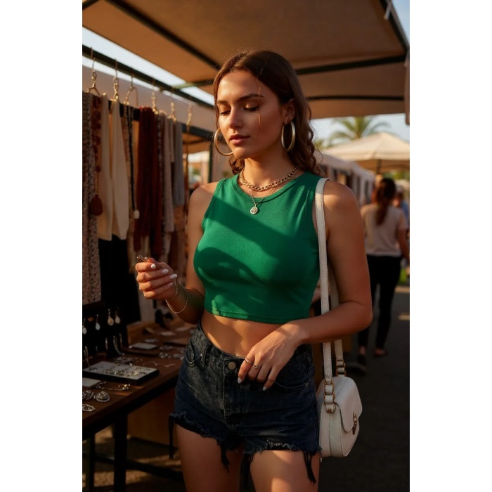 Kadın Yeşil Kare Yaka Crop Top Bluz