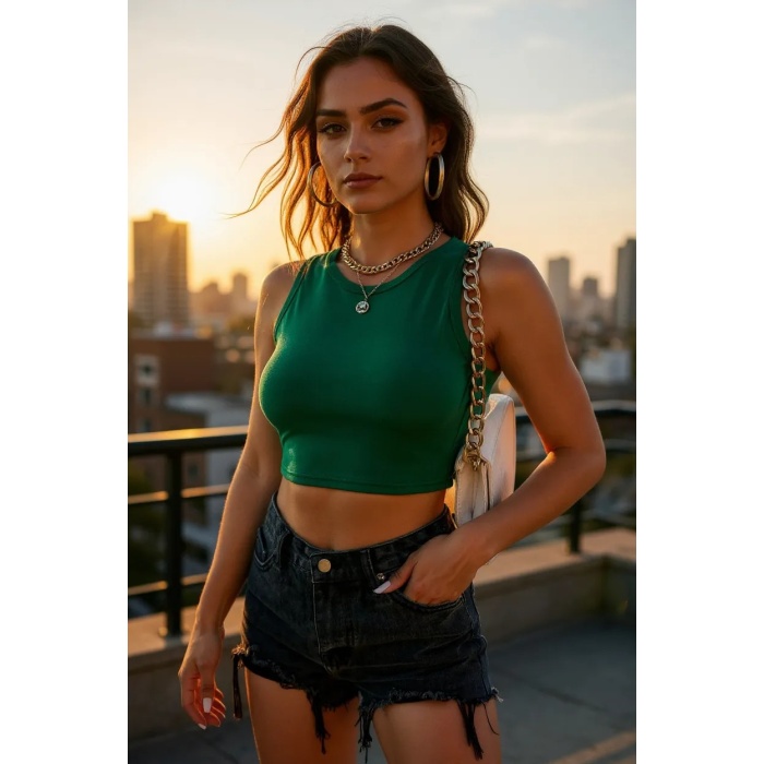 Kadın Yeşil Kare Yaka Crop Top Bluz
