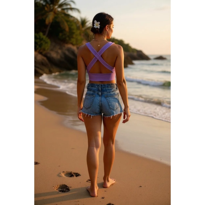 Kadın Lila Çapraz Sırt Detaylı Şık Crop Top Büstiyer