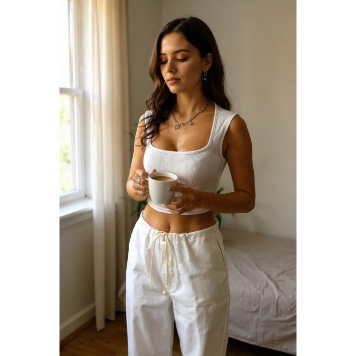 Kadın Beyaz Kare Yaka Kalınlaşan Omuz Detaylı Crop Top Bluz