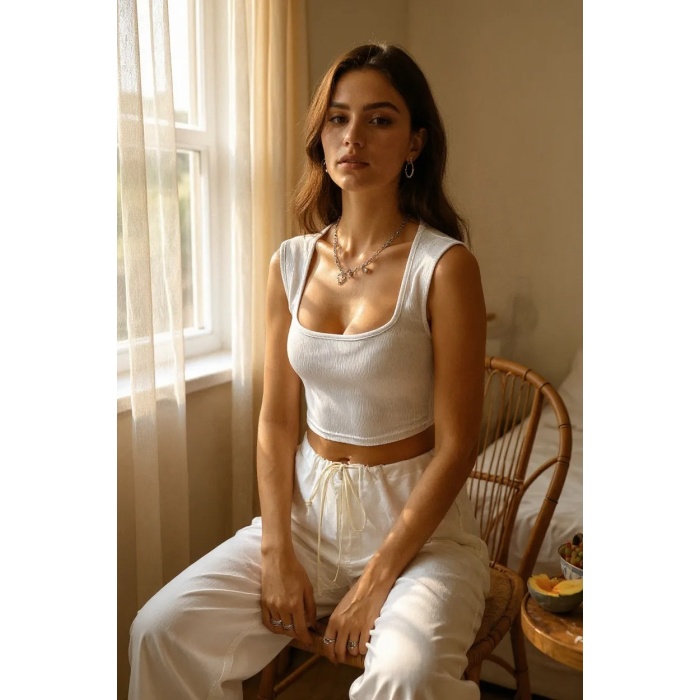 Kadın Beyaz Kare Yaka Kalınlaşan Omuz Detaylı Crop Top Bluz