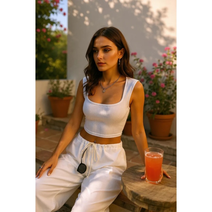 Kadın Beyaz Kare Yaka Kalınlaşan Omuz Detaylı Crop Top Bluz