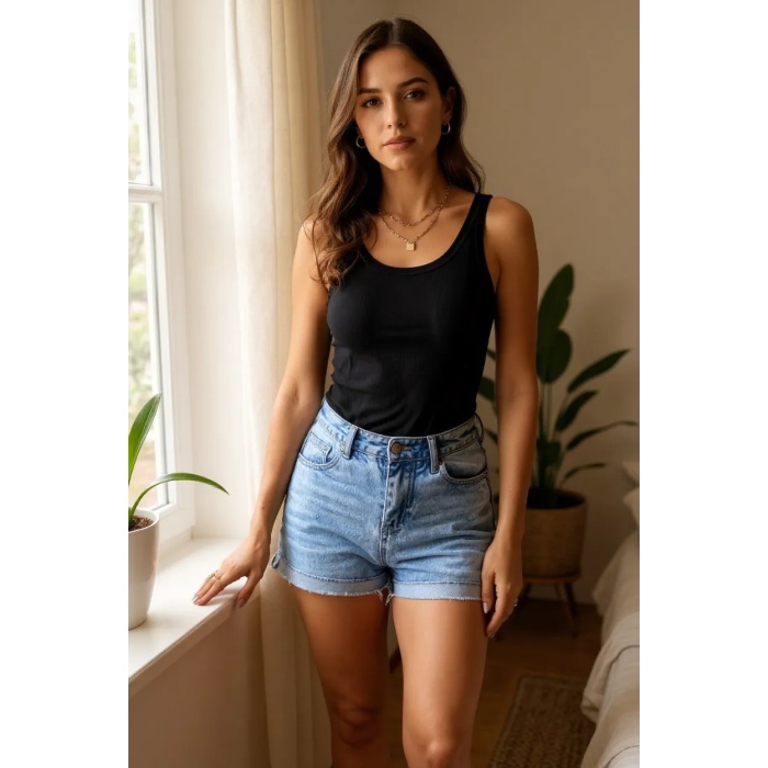 Kadın Siyah Kolsuz Kalın Askılı Uzun Crop Top Bluz & Atlet