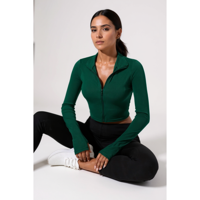 Kadın Yeşil Uzun Kol Fermuarlı Parmak Geçme Detaylı Dik Yaka Crop Top Bluz