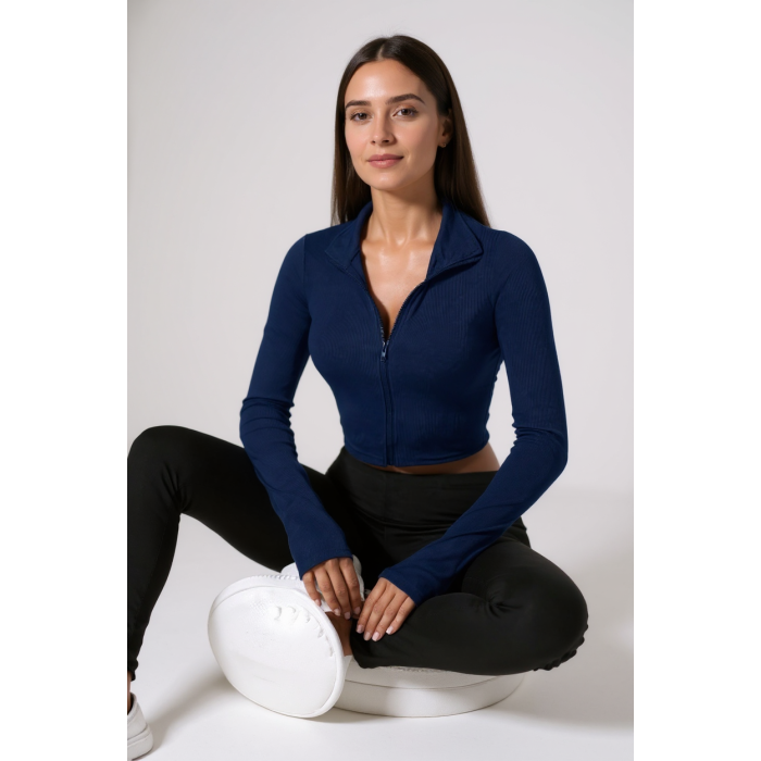 Kadın Lacivert Uzun Kol Fermuarlı Parmak Geçme Detaylı Dik Yaka Crop Top Bluz