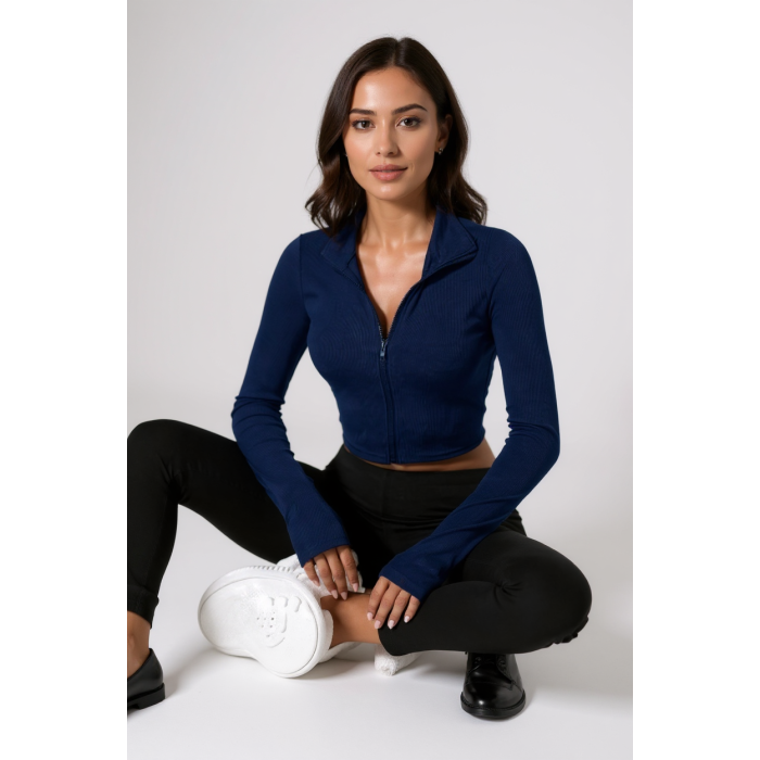 Kadın Lacivert Uzun Kol Fermuarlı Parmak Geçme Detaylı Dik Yaka Crop Top Bluz