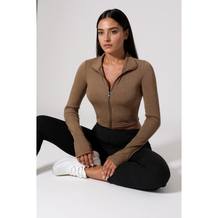 Kadın Kahverengi Uzun Kol Fermuarlı Parmak Geçme Detaylı Dik Yaka Crop Top Bluz