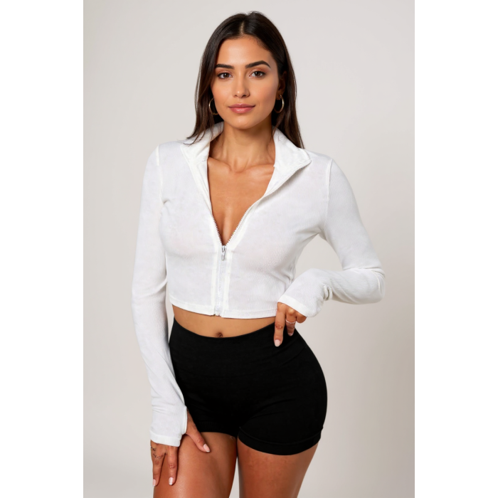 Kadın Beyaz Uzun Kol Fermuarlı Parmak Geçme Detaylı Dik Yaka Crop Top Bluz