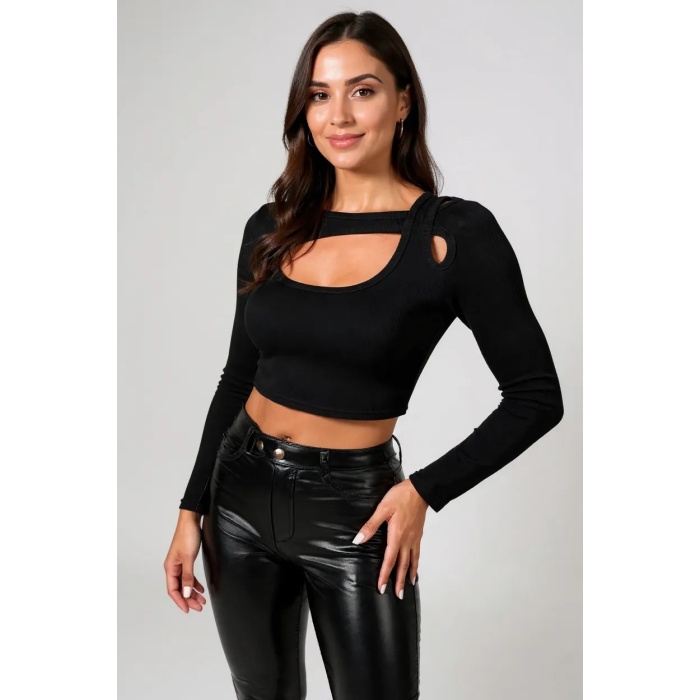 Kadın Siyah Göğüs Dekolteli Çapraz Askılı Uzun Kollu Crop Top Bluz