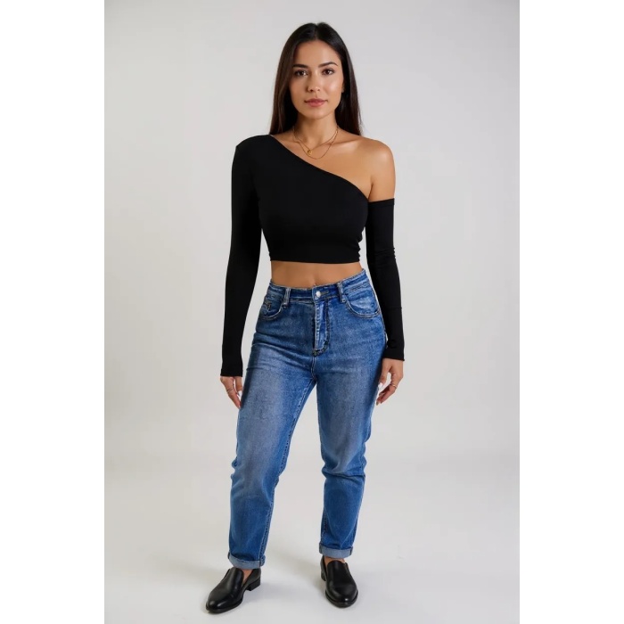 Kadın Siyah Tek Omuz Detaylı Uzun Kol Crop Top Bluz