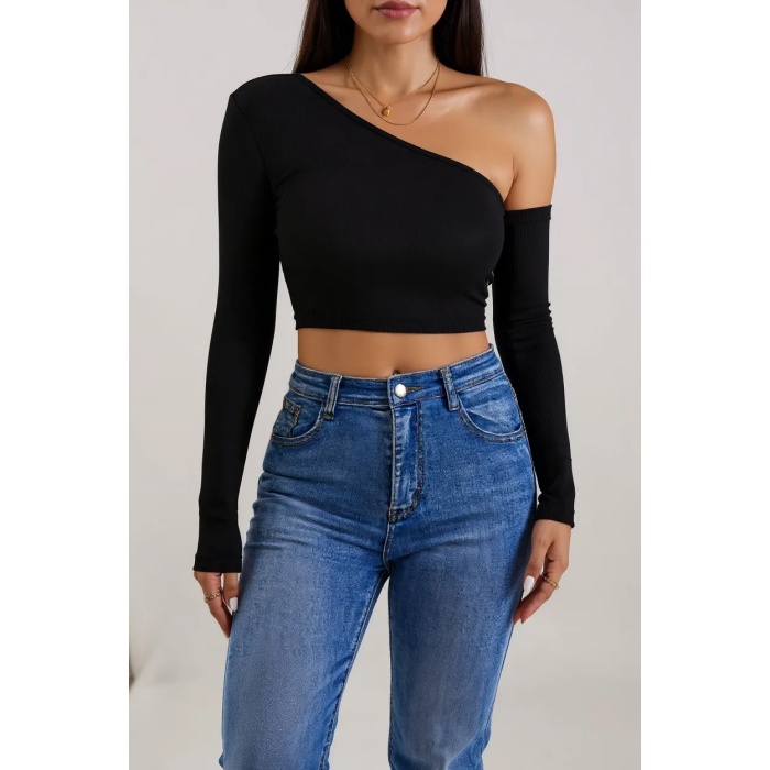 Kadın Siyah Tek Omuz Detaylı Uzun Kol Crop Top Bluz