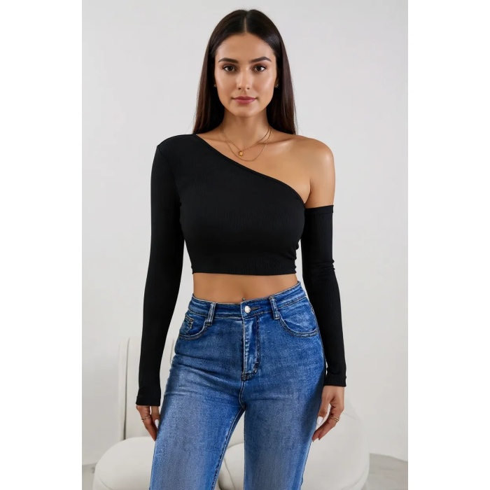 Kadın Siyah Tek Omuz Detaylı Uzun Kol Crop Top Bluz