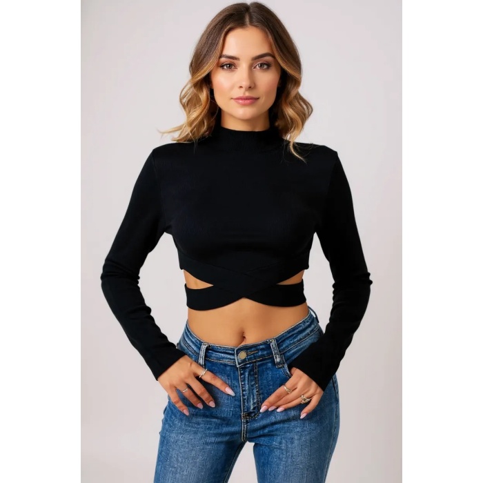 Kadın Siyah Çapraz Bel Detaylı Dik Yaka Uzun Kol Crop Top Bluz
