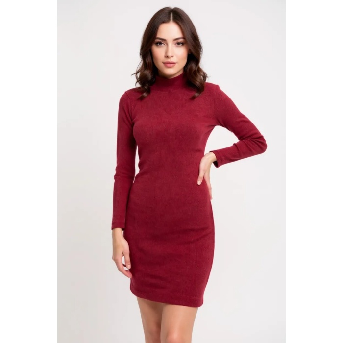Kadın Bordo Kaşkorse Balıkçı Yaka Uzun Kollu Bodycon Mini Elbise