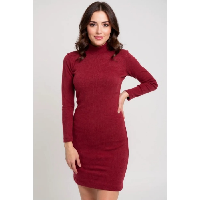 Kadın Bordo Kaşkorse Balıkçı Yaka Uzun Kollu Bodycon Mini Elbise