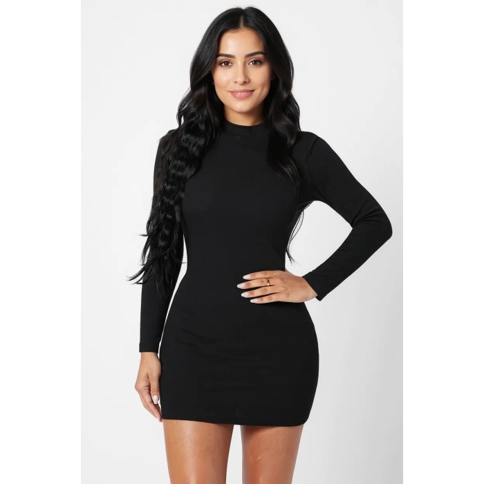 Kadın Siyah Kaşkorse Balıkçı Yaka Uzun Kollu Bodycon Mini Elbise