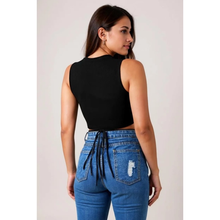 Kadın Siyah Çapraz Bağlamalı Crop Top Büstiyer