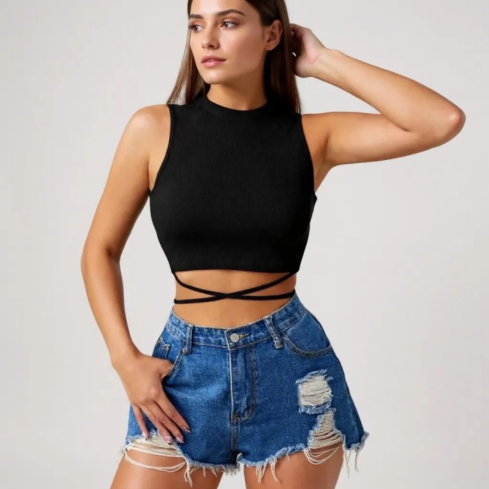 Kadın Siyah Çapraz Bağlamalı Crop Top Büstiyer