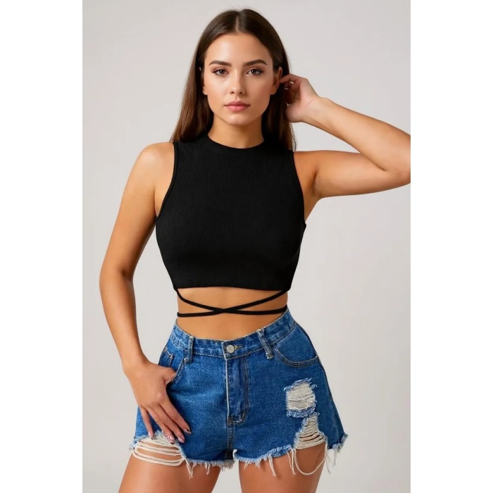 Kadın Siyah Çapraz Bağlamalı Crop Top Büstiyer