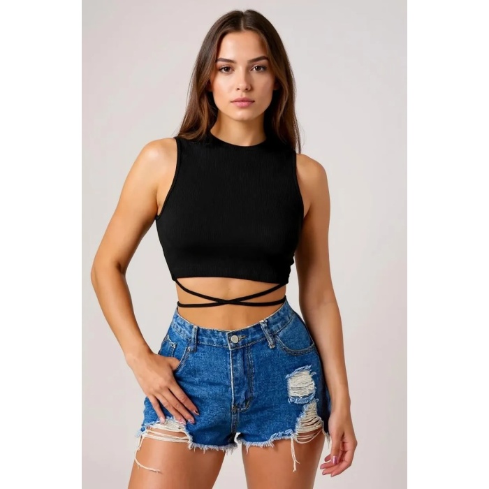 Kadın Siyah Çapraz Bağlamalı Crop Top Büstiyer
