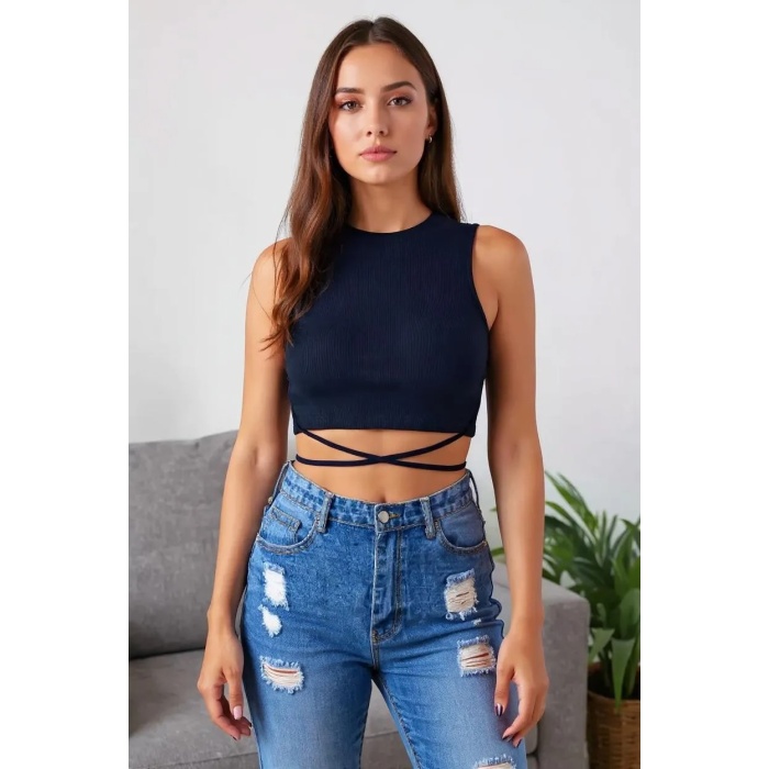 Kadın Lacivert Çapraz Bağlamalı Crop Top Büstiyer