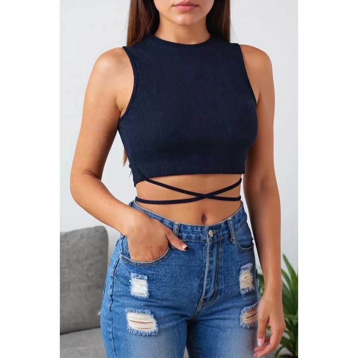 Kadın Lacivert Çapraz Bağlamalı Crop Top Büstiyer
