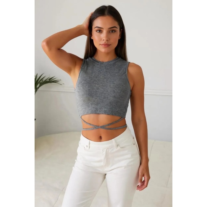 Kadın Gri Çapraz Bağlamalı Crop Top Büstiyer
