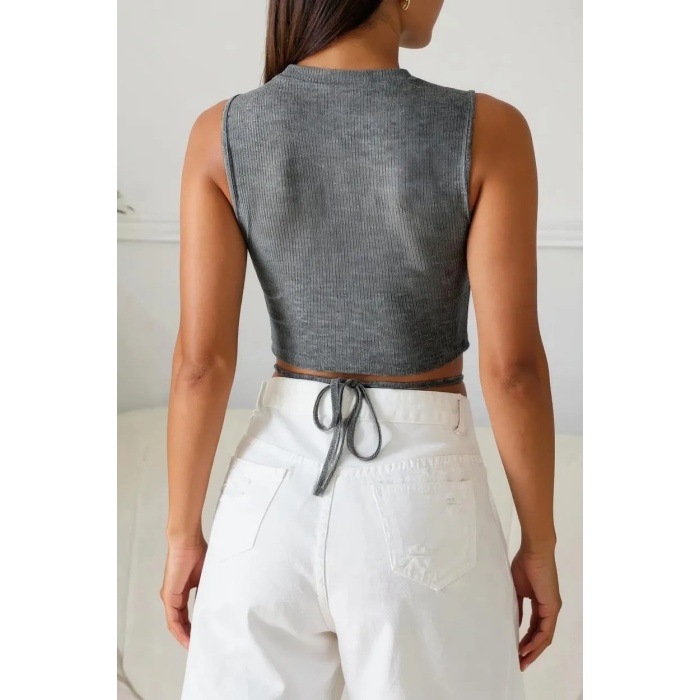 Kadın Gri Çapraz Bağlamalı Crop Top Büstiyer