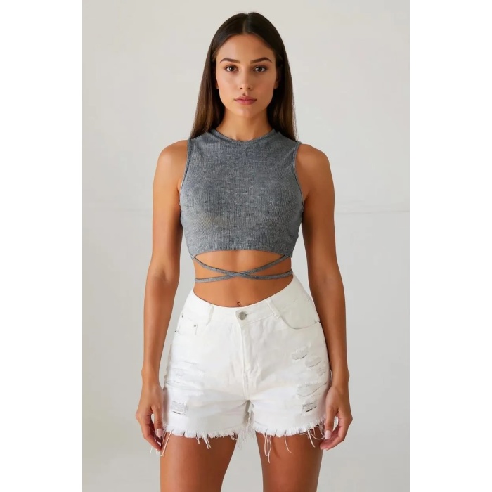 Kadın Gri Çapraz Bağlamalı Crop Top Büstiyer