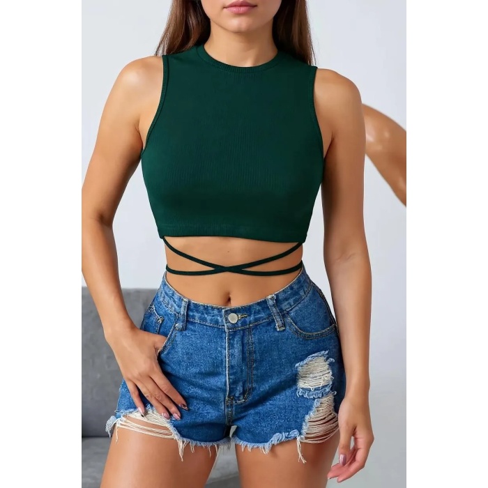 Kadın Yeşil Çapraz Bağlamalı Crop Top Büstiyer