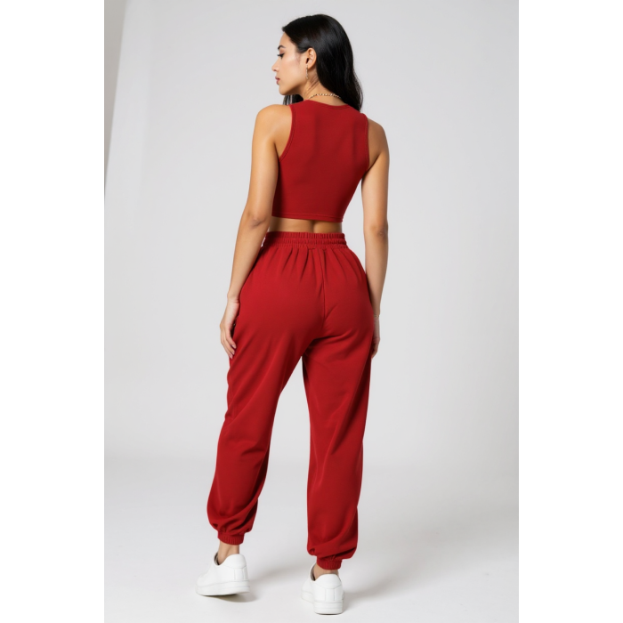 Kadın Kırmızı Kaşkorse Cepli Jogger Eşofman Altı ve Crop Top Bluz – Şık, Rahat ve Kolay Kombinlenebilir