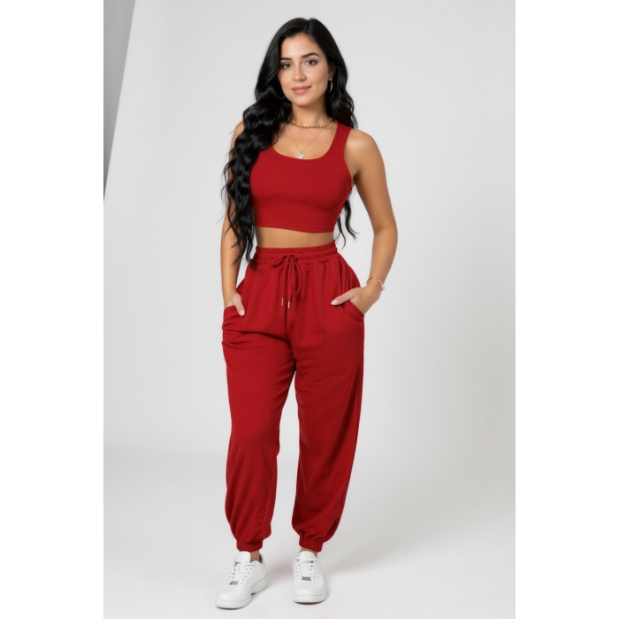 Kadın Kırmızı Kaşkorse Cepli Jogger Eşofman Altı ve Crop Top Bluz – Şık, Rahat ve Kolay Kombinlenebilir