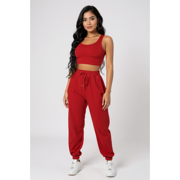 Kadın Kırmızı Kaşkorse Cepli Jogger Eşofman Altı ve Crop Top Bluz – Şık, Rahat ve Kolay Kombinlenebilir
