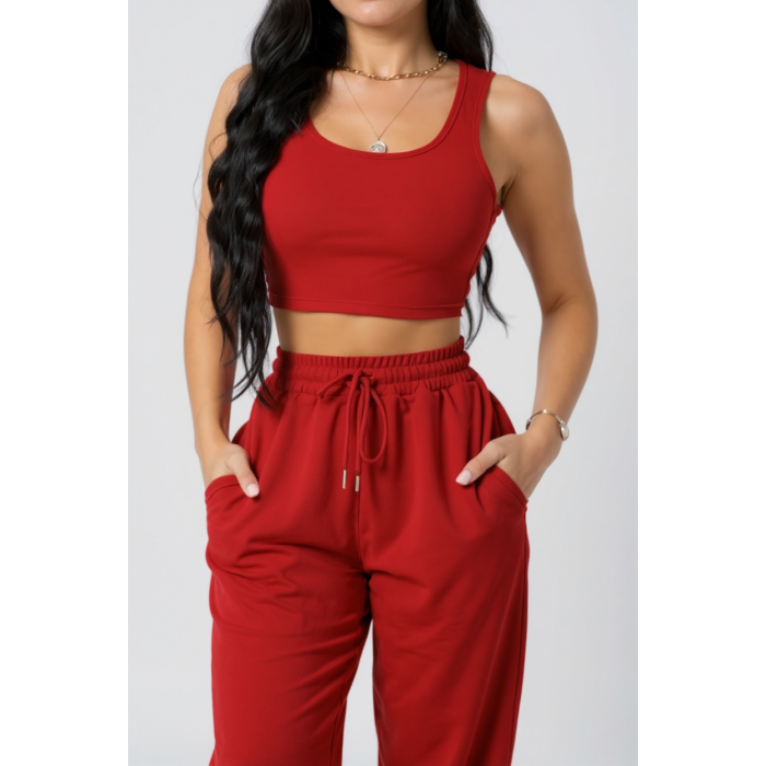 Kadın Kırmızı Kaşkorse Cepli Jogger Eşofman Altı ve Crop Top Bluz – Şık, Rahat ve Kolay Kombinlenebilir