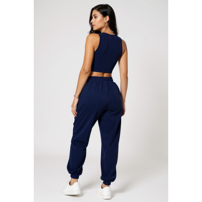 Kadın Lacivert Kaşkorse Cepli Jogger Eşofman Altı ve Crop Top Bluz – Şık, Rahat ve Kolay Kombinlenebilir