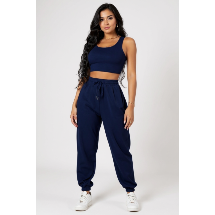 Kadın Lacivert Kaşkorse Cepli Jogger Eşofman Altı ve Crop Top Bluz – Şık, Rahat ve Kolay Kombinlenebilir