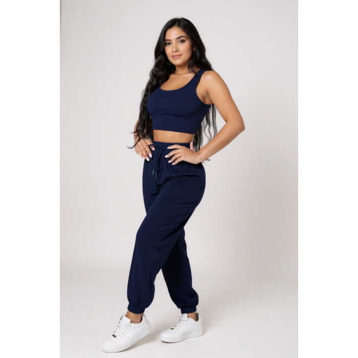 Kadın Lacivert Kaşkorse Cepli Jogger Eşofman Altı ve Crop Top Bluz – Şık, Rahat ve Kolay Kombinlenebilir