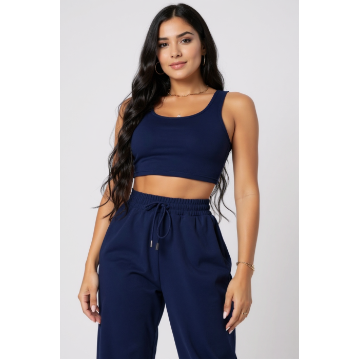 Kadın Lacivert Kaşkorse Cepli Jogger Eşofman Altı ve Crop Top Bluz – Şık, Rahat ve Kolay Kombinlenebilir