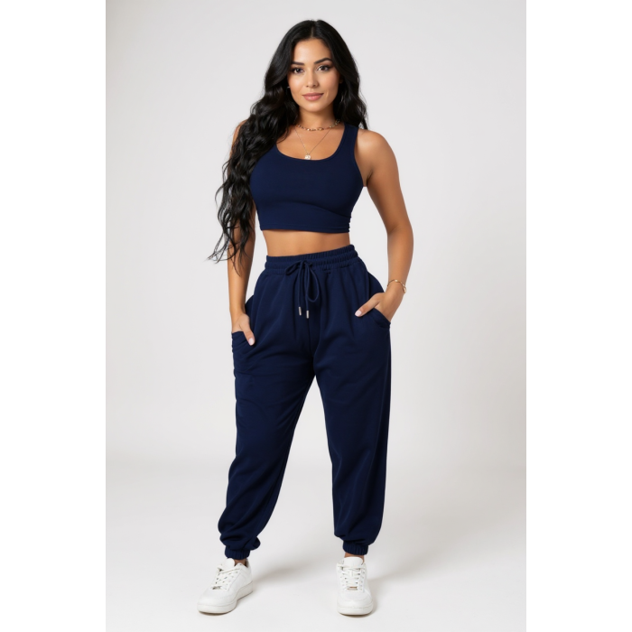 Kadın Lacivert Kaşkorse Cepli Jogger Eşofman Altı ve Crop Top Bluz – Şık, Rahat ve Kolay Kombinlenebilir