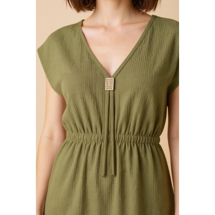 Kadın Haki Yanları Yırtmaçlı Tokalı V Yaka Mini Plaj Elbisesi