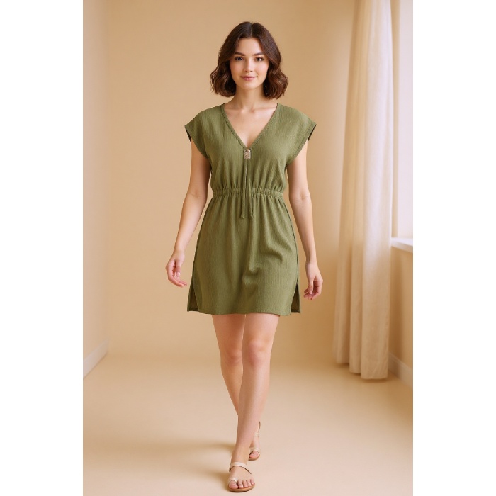 Kadın Haki Yanları Yırtmaçlı Tokalı V Yaka Mini Plaj Elbisesi